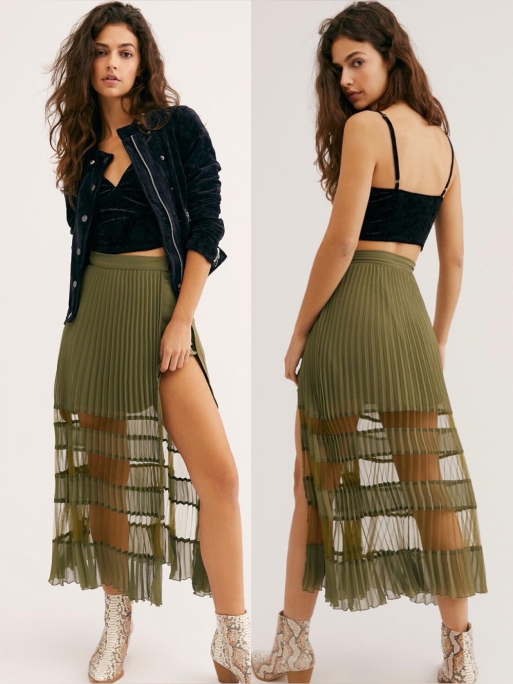Free People Bowery Pleated Sheer Panel High Waist Maxi Skirt Army Green XS